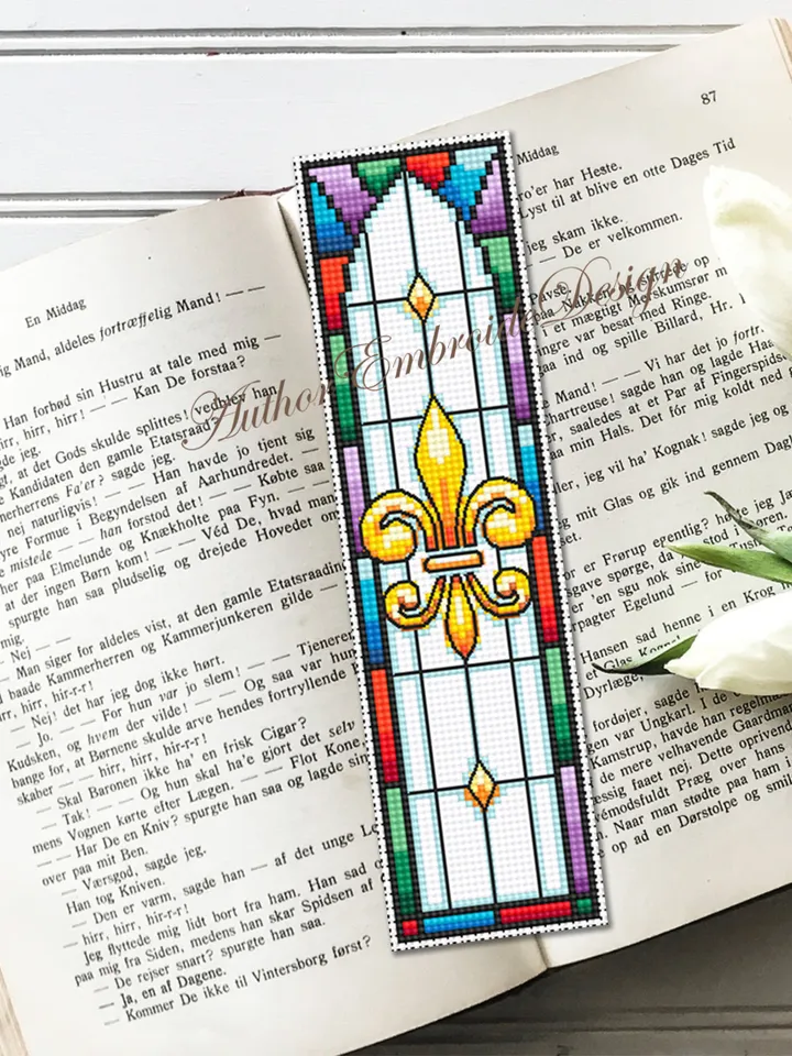 Stained glass bookmark cross stitch pattern PDF download Stained glass flower cross stitch, Fleur de lis Bookmark pattern digital PDF #B299