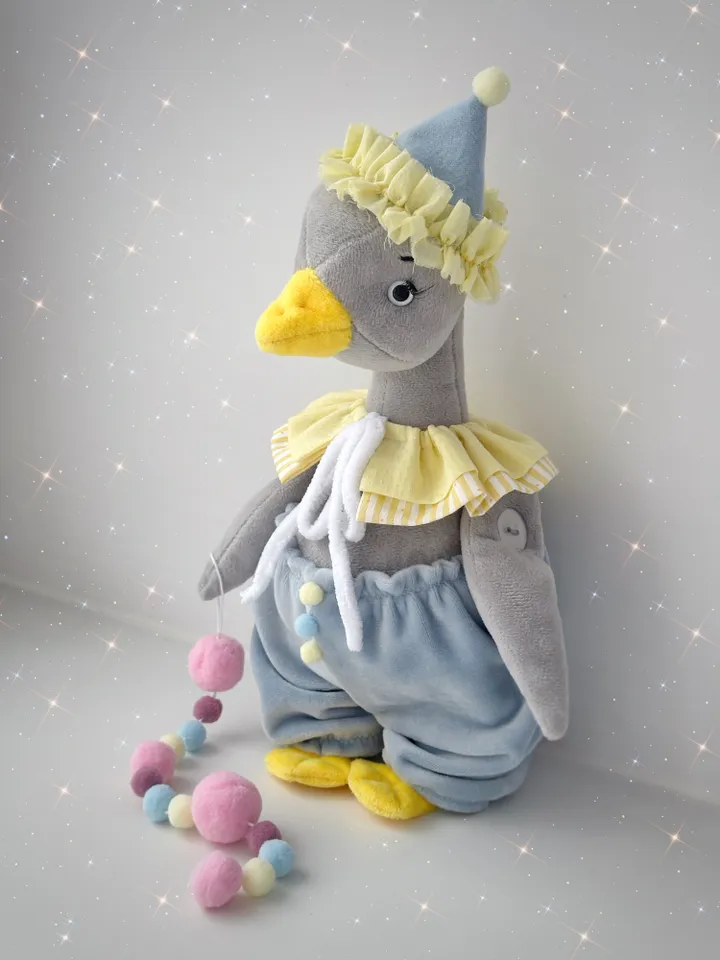 Handmade Plush Soft Birthday Goose. Stuffed Animal Toy. Geese with Circus Style Clothes.