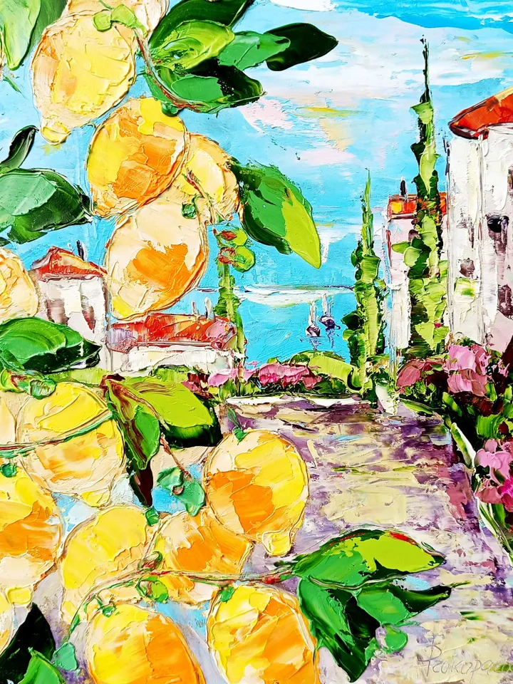Amalfi Lemon Tree Painting Courtyard Original Art Impasto Oil Painting 10x10 Coastal View Free Shipping Floral Wall Art by ArtProkopaloSv