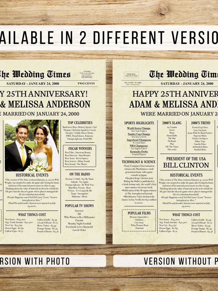 25th wedding anniversary gift for couple, 25th anniversary gifts for husband, 25 year wedding anniversary gift, 2000 anniversary newspaper