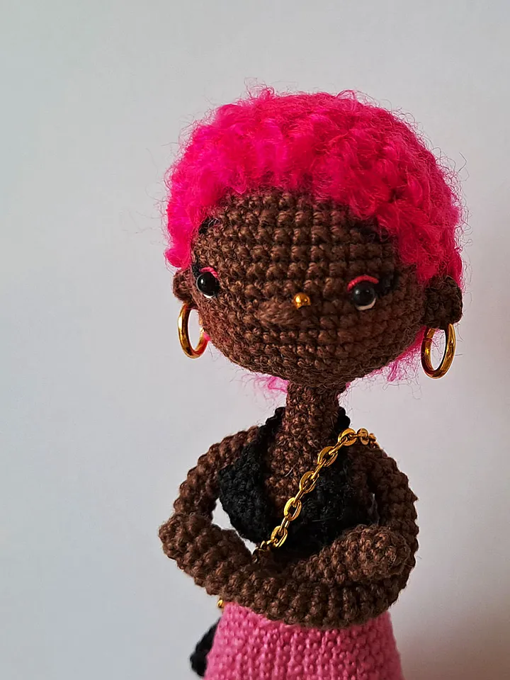 Pattern Black doll in pink. pattern Crochet african doll. afro american doll. crochet dark skin doll