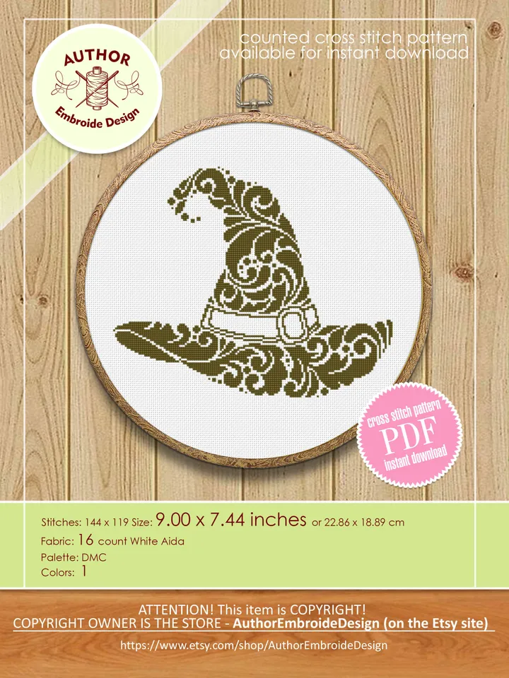 Halloween witch hat mandala cross stitch pattern PDF download Wizard hat cross stitch, Fantasy hat embroidery PDF, Vintage hat pattern #M212