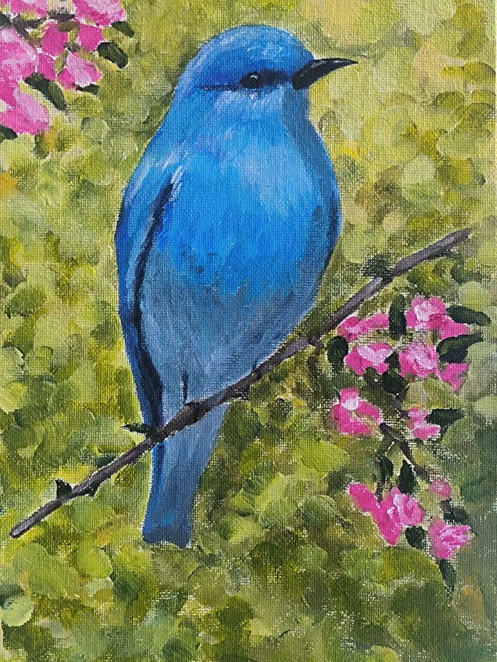 Set of three bird paintings. Toucan painting, Blue sialia painting, Parrot painting, Acrylic painting, Bright birds.