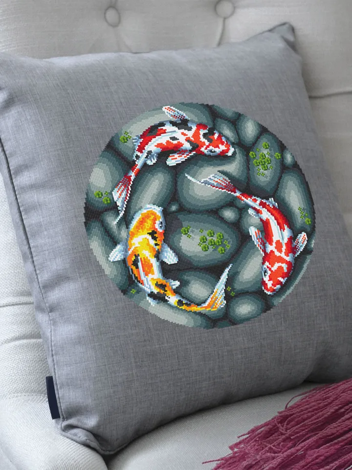 Koi pond cross stitch pattern download PDF, Koi fish cross stitch chart, Fish hand embroidery PDF, Oriental decor, Nature cross stitch #L51