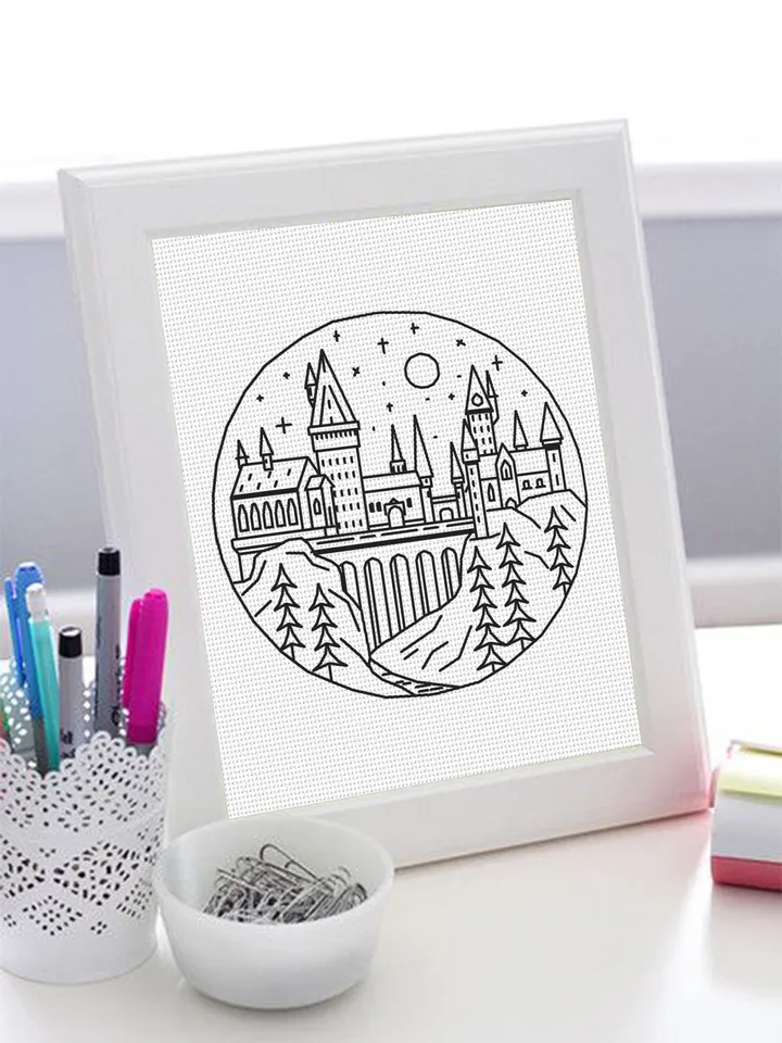 Wizard school blackwork pattern PDF Magic castle cross stitch, Fantasy Wizarding world hand embroidery PDF download, Backstitch chart #W13
