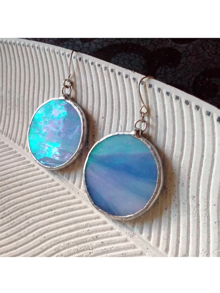 Iridescent stained glass blue earrings, Dichroic earrings, Duochrome earrings, Round stained glass