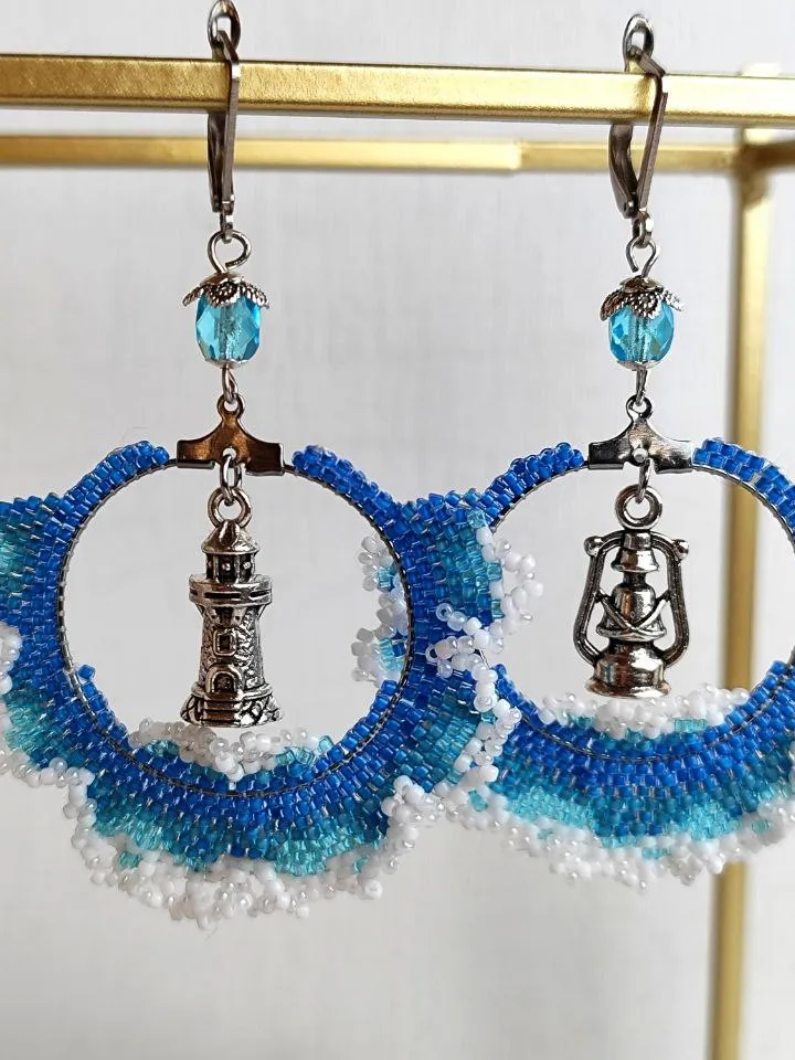Blue beaded earrings with lighthouse waves kerosene lamp