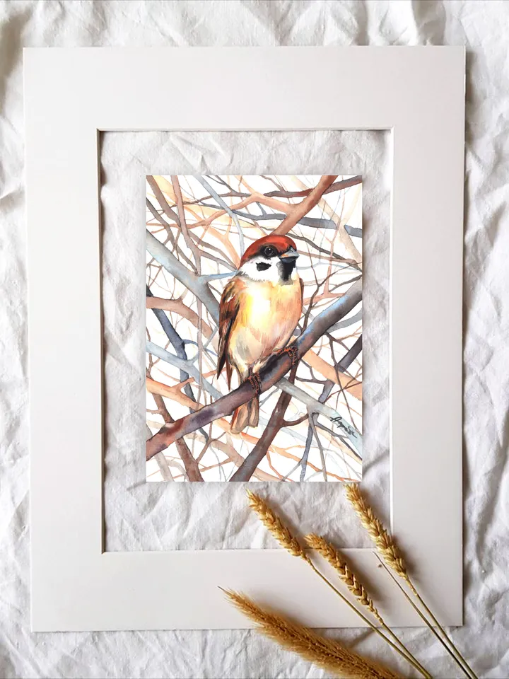 Sparrow Bird Watercolour, bird painting, room decor, wall decor, birds lover gift, 8x11 in handmade art by Anne Gorywine