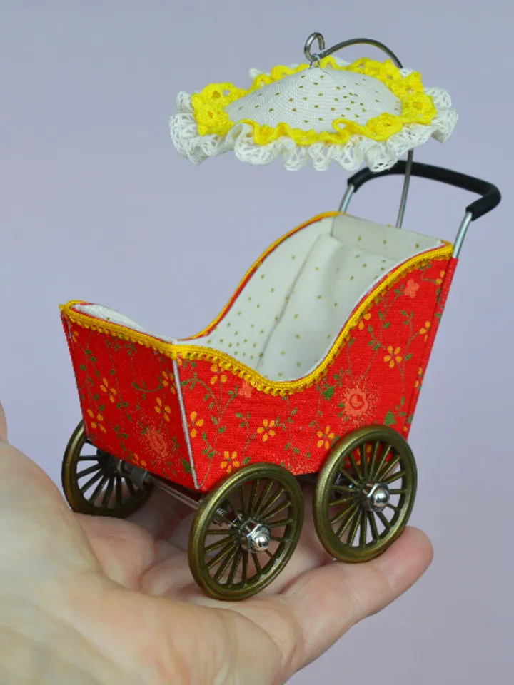 Miniature toy stroller for a little doll. Handmade miniature stroller for small dolls. Stroller for dolls 2,76"(7 cm.)