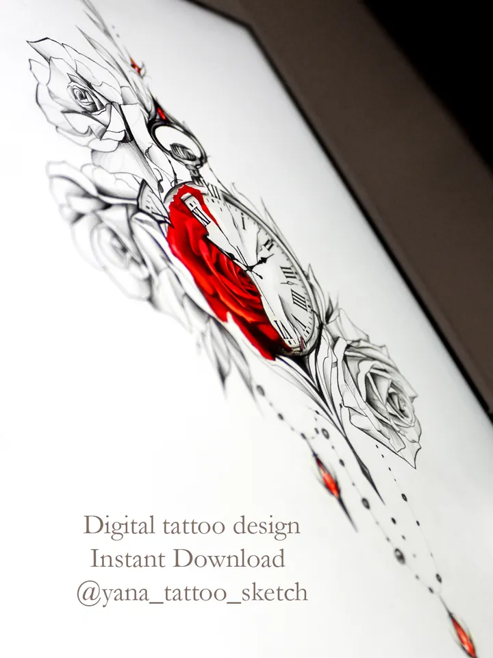 Pocket Watch Tattoo Design Pocket Watch Tattoo Stencil Drawing Idea, Instant download PDF, JPG