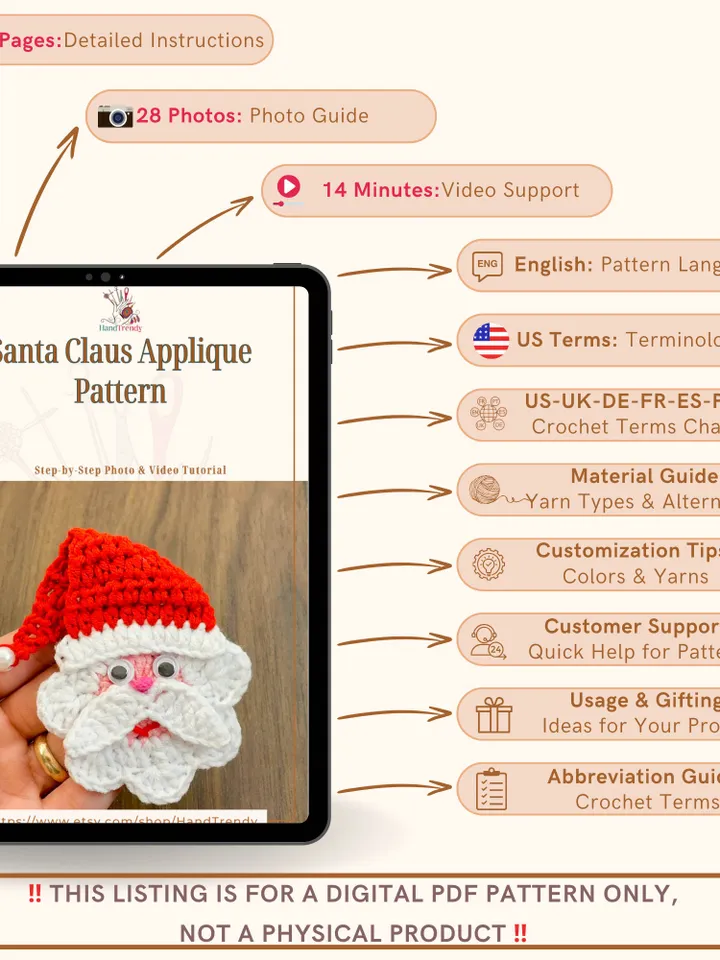 Santa Claus Applique Pattern, Christmas Crochet Tutorial for Ornament Decoration, Easy Holidays Gift Idea, Beginner Crochet