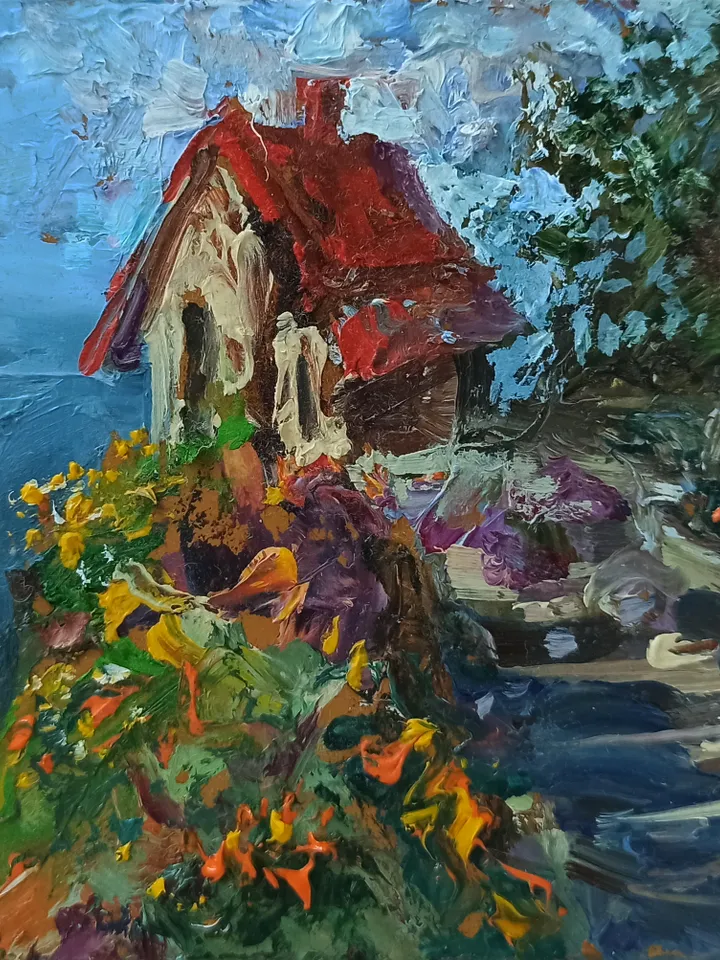 The Small House On The Ocean, oil, cardboard, 4x4" 🏡