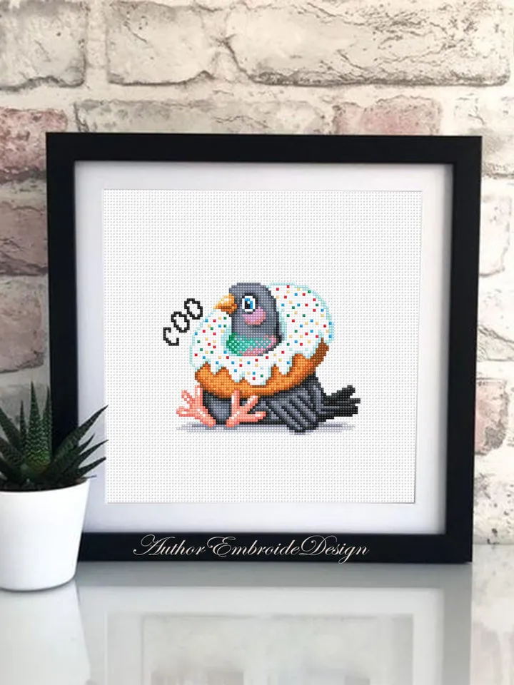Pigeon with donut cross stitch pattern PDF download Funny bird cross stitch chart, Small pigeon pattern digital PDF, Bird lover gift #K54