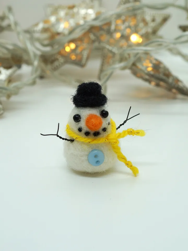 Miniature needle felted snowman in a yellow scarf, made to order