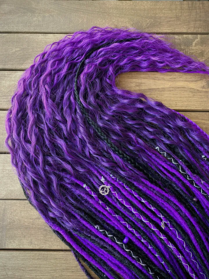 Black and purple Synthetic Double Ended Dreadlocks with curly ends, Ready to ship