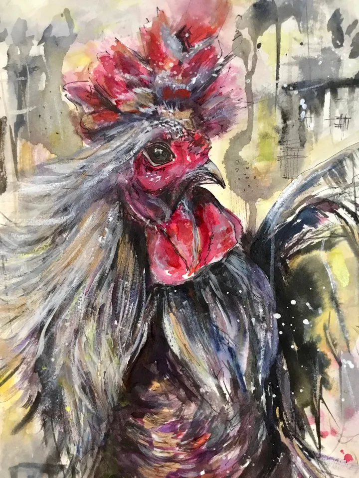 Silver rooster original watercolour mix media artwork on watercolour paper,birds painting watercolour,home decoration wall art,gift
