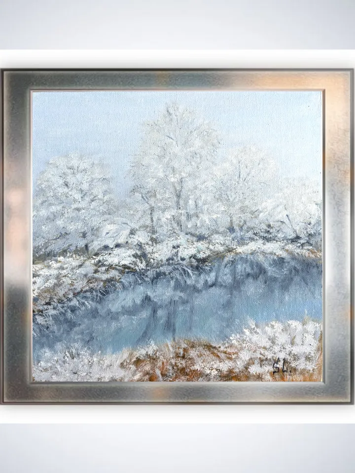 Painting winter landscape original art wall art canvas on cardboard 10x10 inches, oil paints