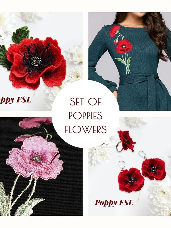 Set of poppies flowers FSL (40% discount) Machine embroidery design Digital embroidery pattern Free standing lace flower file