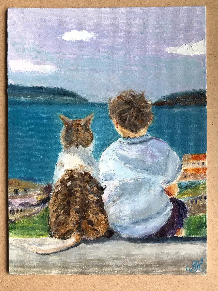 Baby and cat original oil modern painting wall art 6x8 inches