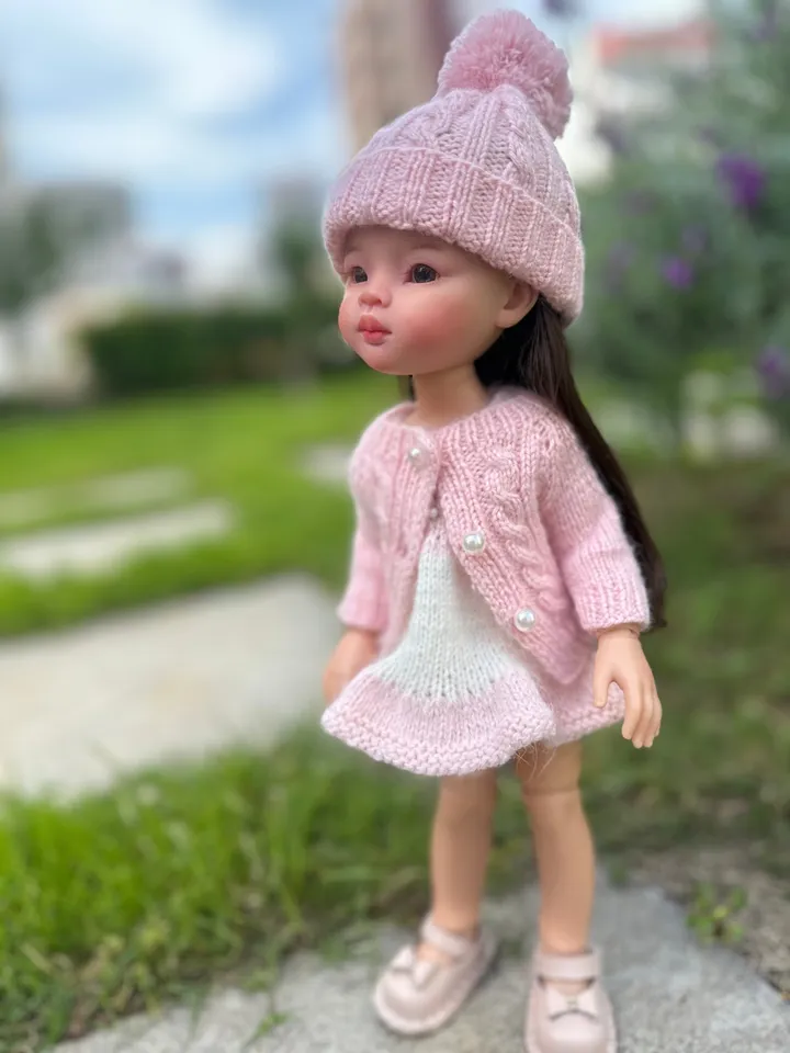 Paola Reina Doll 4 ITEMS Set: Exclusive Handmade Outfit - Dress, Cardigan, Pompon Hat, Leather Shoes