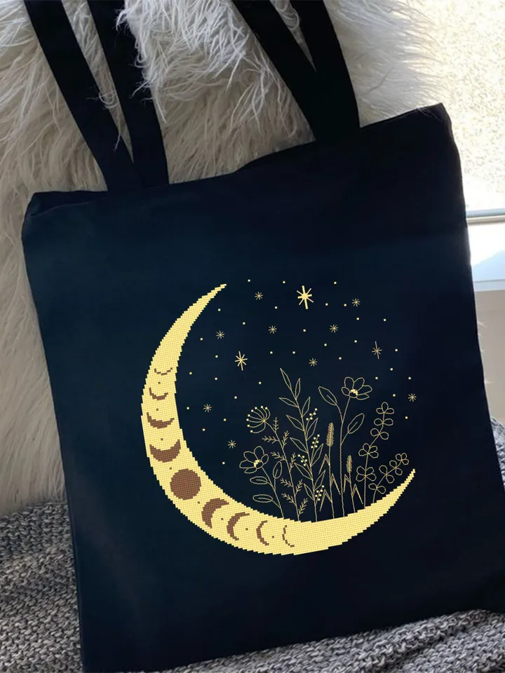 Mystical floral moon cross stitch pattern download PDF Moon phase cross stitch chart, Wildflowers blackwork pattern, Magic starry sky #L60