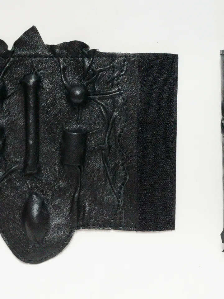 The unique genuine leather jacket 3/4 sleeves, wide bracelets, collar, cyberpunk style by Sofalee. The real leather coat