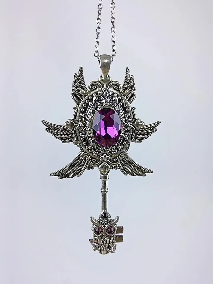 Vintage Purple Key - Necklace "Amulet" with Swarovski Crystals Wings and Owl