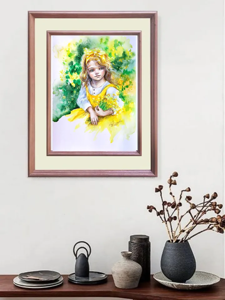 Portrait of a girl, yellow bouquet, watercolor painting