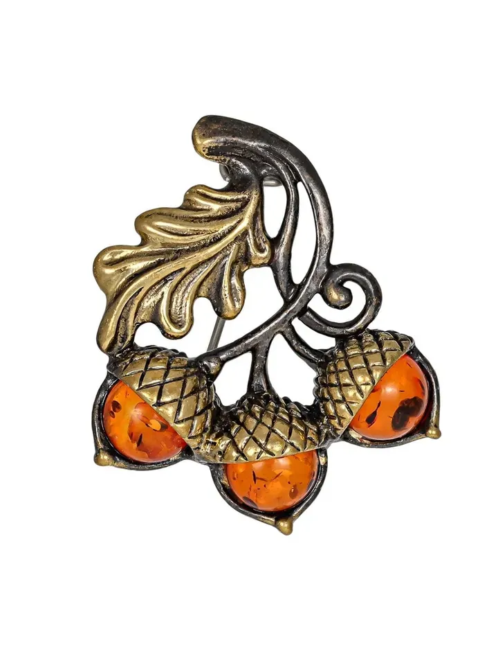 Amber Acorns Brooch Autumn Leaf Oak Jewelry Baltic Amber Cute small dress brooch gold burnt orange Lapel pin women girl Forest Nature jewelry Autumn jewelry