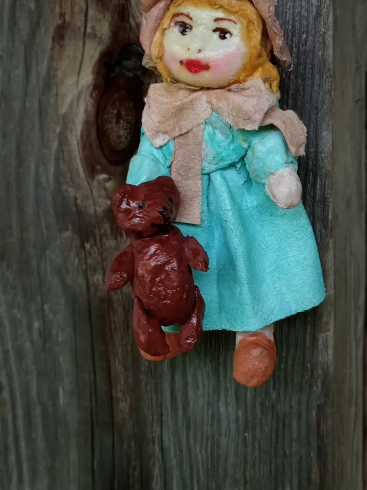 Small handmade doll made of cotton wool Girl with a teddy bear. Original decoration for the Christmas tree. DIY Christmas decor. Family souvenir. Home decoration. Unique gift DIY Free shipping