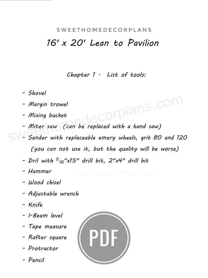 DIY 16 x 20 lean to pavilion plans pdf. Detached carport plans. Wooden covered gazebo outdoor plans. Timber frame backyard garage plans.