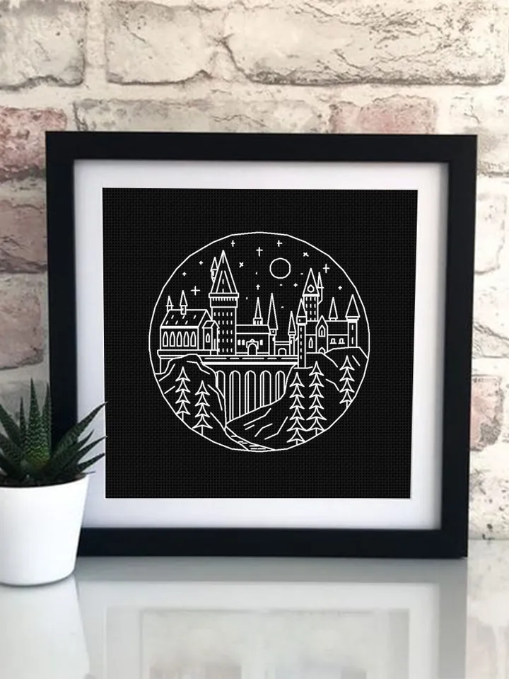 Wizard school blackwork pattern PDF Magic castle cross stitch, Fantasy Wizarding world hand embroidery PDF download, Backstitch chart #W13
