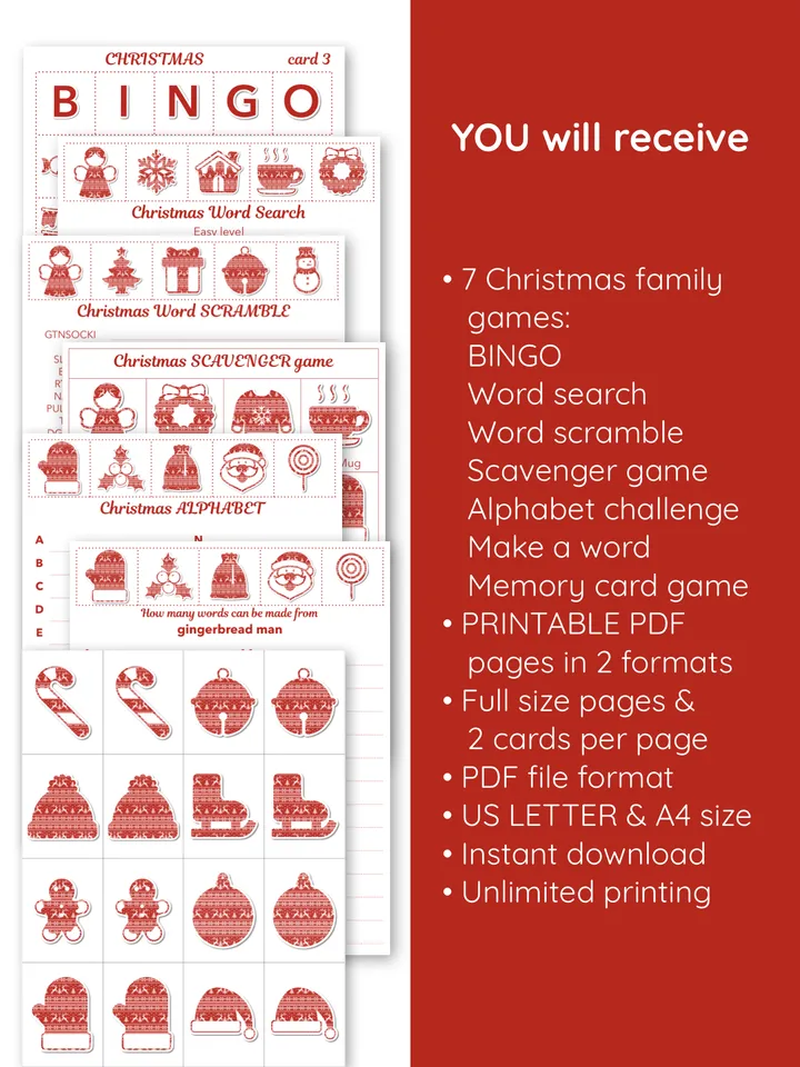 Set of Christmas family game. Family game night gift basket. Stocking stuffers. Festive word games. Word puzzles.