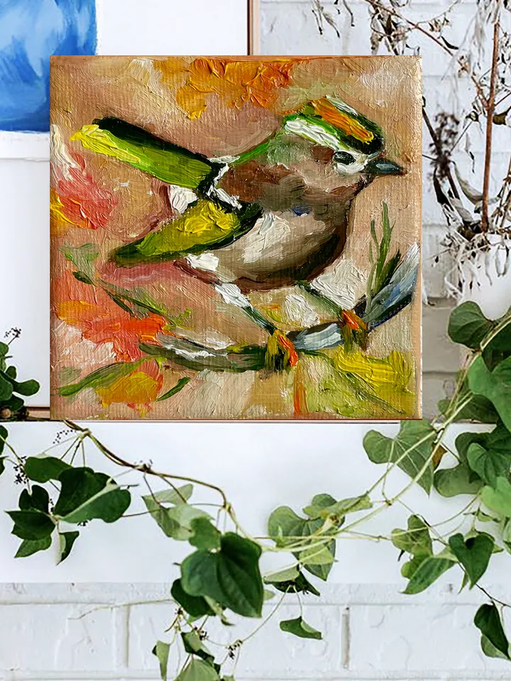 Tiny bird oil painting, Goldcrest painting, Original oil Painting on Canvas, Wildlife Art, Miniature Artwork 4"x 4"