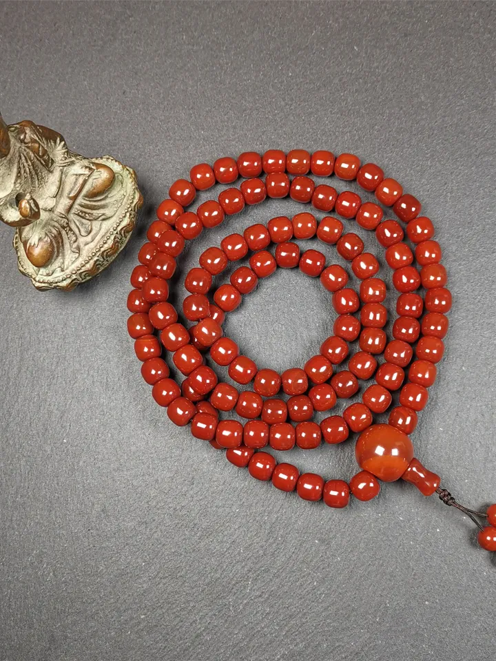 Gandhanra 108 Tibetan Mala, 0.4" Red Agate Prayer Beads Necklace,Tibetan Rosary for Meditation,Circumference 39"