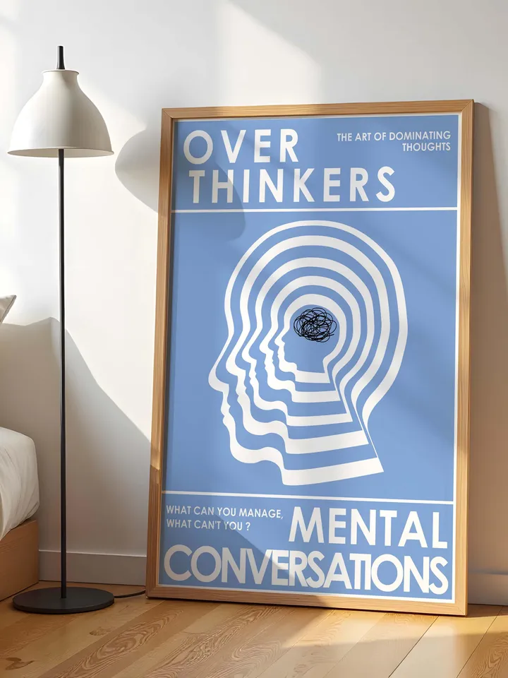 Overthinkers Wall Art Digital Print Retro Style Creativity Poster Eclectic Printable Artwork Trendy Room Decor Instant Download Blue White