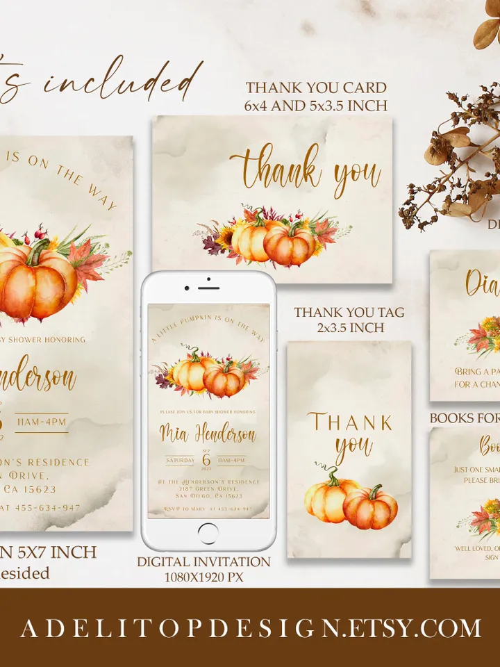 Little Pumpkin is on the way; Editable Autumn Pumpkin Baby Shower Invitation Template Canva; Fall 2022 Autumn Watercolor Pumpkin Invitation