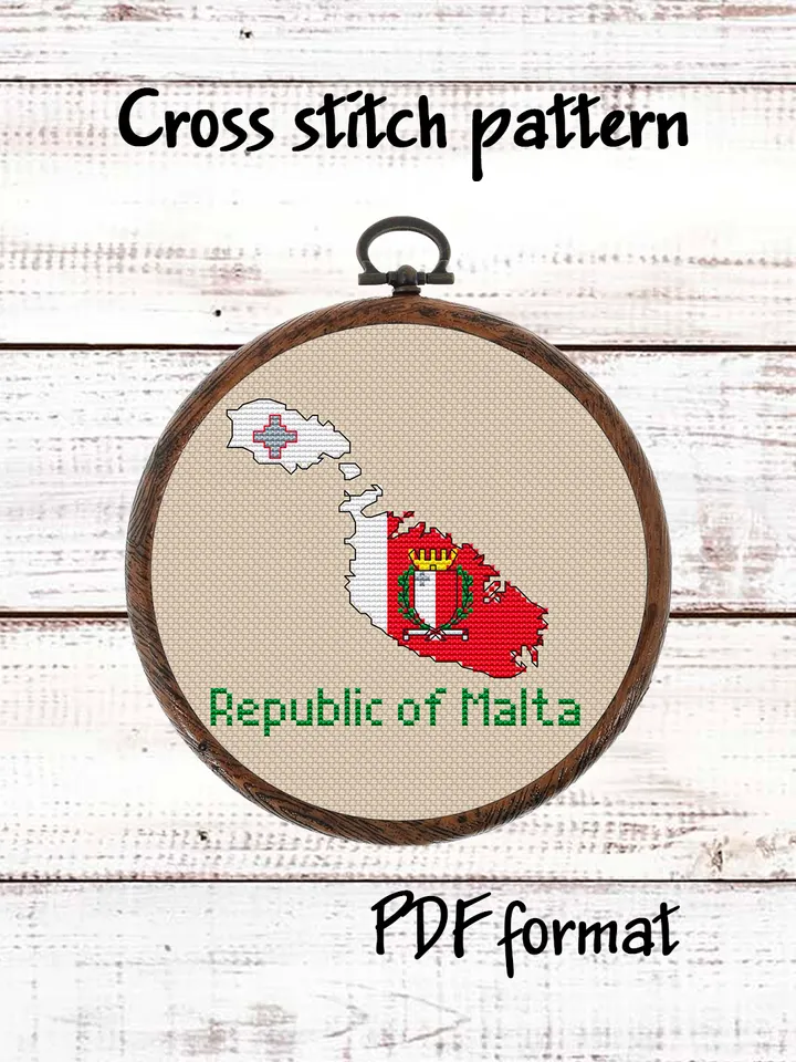 Republic of Malta Map Cross Stitch pattern modern, Malta Flag Xstitch pattern PDF, Country Cross Stitch Pattern