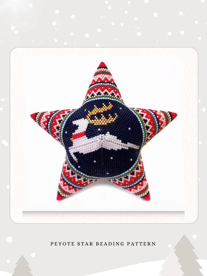 Christmas Reindeer, Beaded Star, Seed Bead Winter Ornament, Beading PDF Pattern, Peyote Stitch