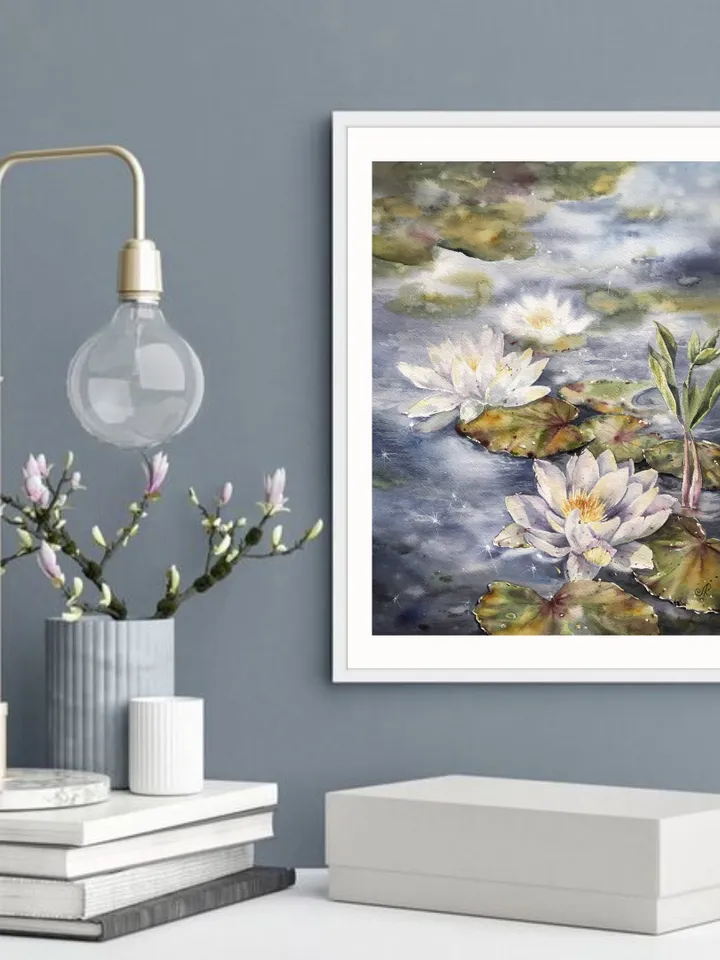 Lotus Watercolor Painting Water Lilies Art Print Lotus Artwork Lotus Pond Wall Art