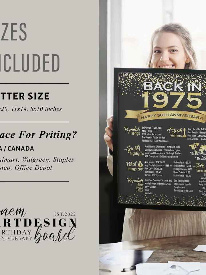 50th Anniversary Chalkboard Poster Sign, 50 Years Ago Back in 1975 USA, Australia, UK Events, White & Gold, 1975 Work or Retire Poster