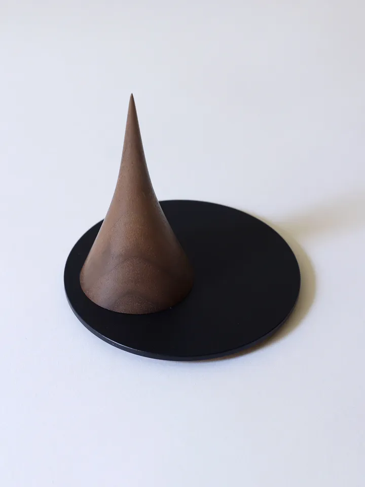 Modern Ring Stand - Turned wooden ring cone, powder coated steel dish with cork bottom