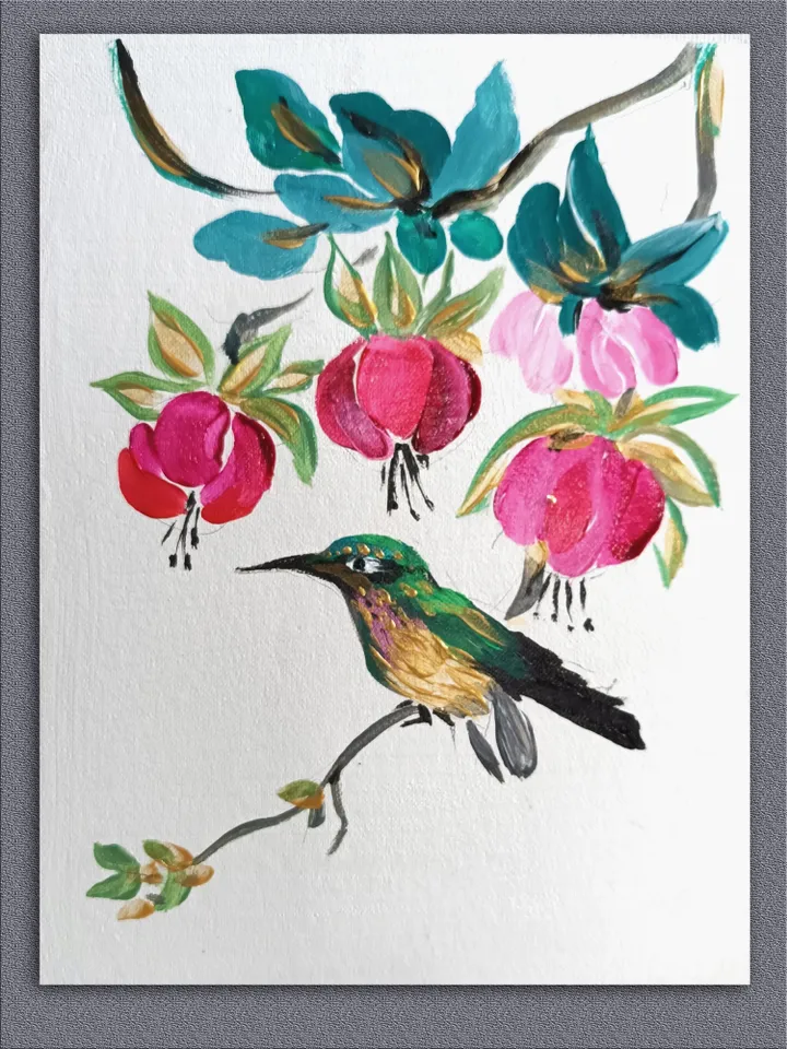 Painting "Hummingbird and fuchsia flowers."/acrylic painting, cardboard 6x8". Author's handmade.