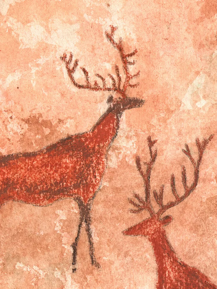 Deer hunting wall art | Original Pastel and Watercolor Artwork Ancient Cave Painting Style | Hunters Prehistoric art | Handmade Artwork | Archers stylization of rock art | Drawings of a prehistoric man | Modular painting