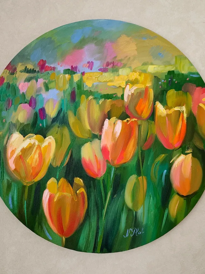 Tulip painting Flower Original Art Floral Artwork oil painting on canvas round artwork Tulip field canvas painting