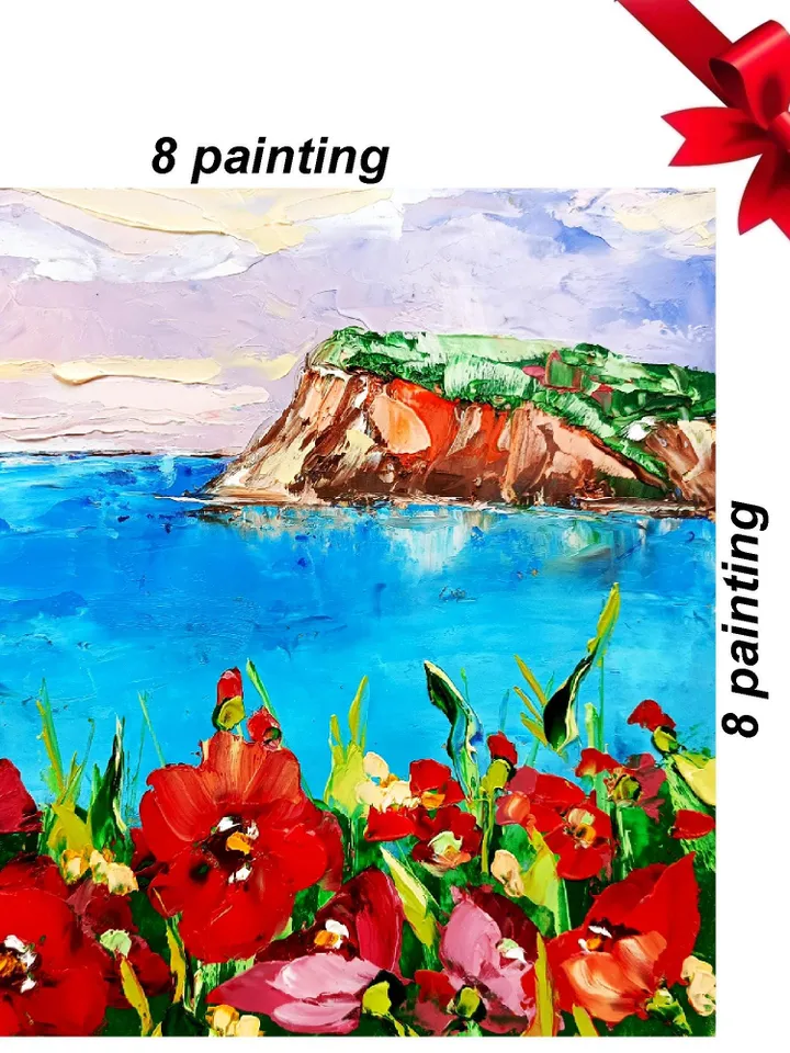 Poppy Painting Tuscany Original Art Seascape Oil Painting Impasto Small Artwork 8х8 Tuscan Serenity Original Gifts Impasto Oil Painting