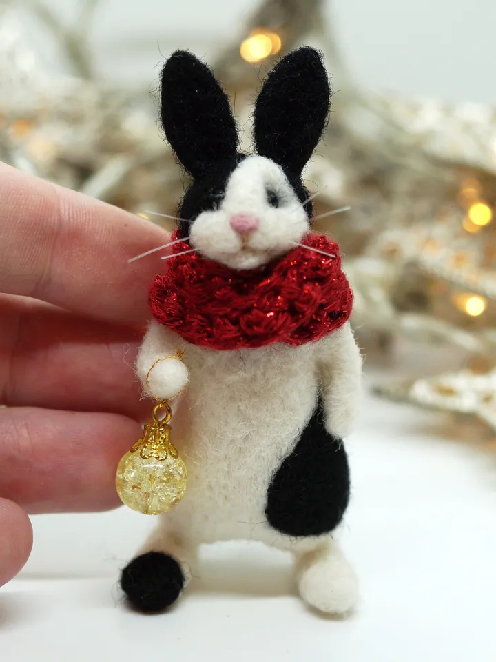 Oswald the rabbit, needle felted black and white rabbit, Christmas gift, made to order