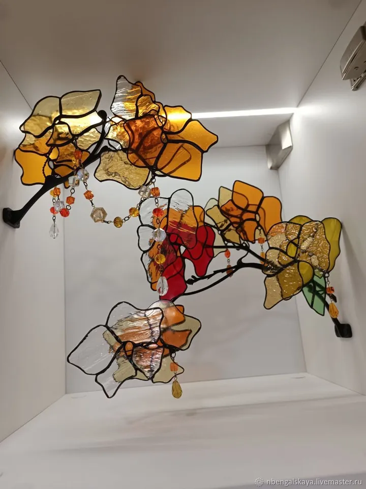 Yellow-Orange 3D Stained Glass Branch, 3D Branch in Yellow and Orange Tones, Handmade Stained Glass Floral Accent, Tiffany Glass Floral Twig in Warm Tones, Multilayer Yellow and Orange Stained Glass Stem, Artistic 3D Glass Flower Composition