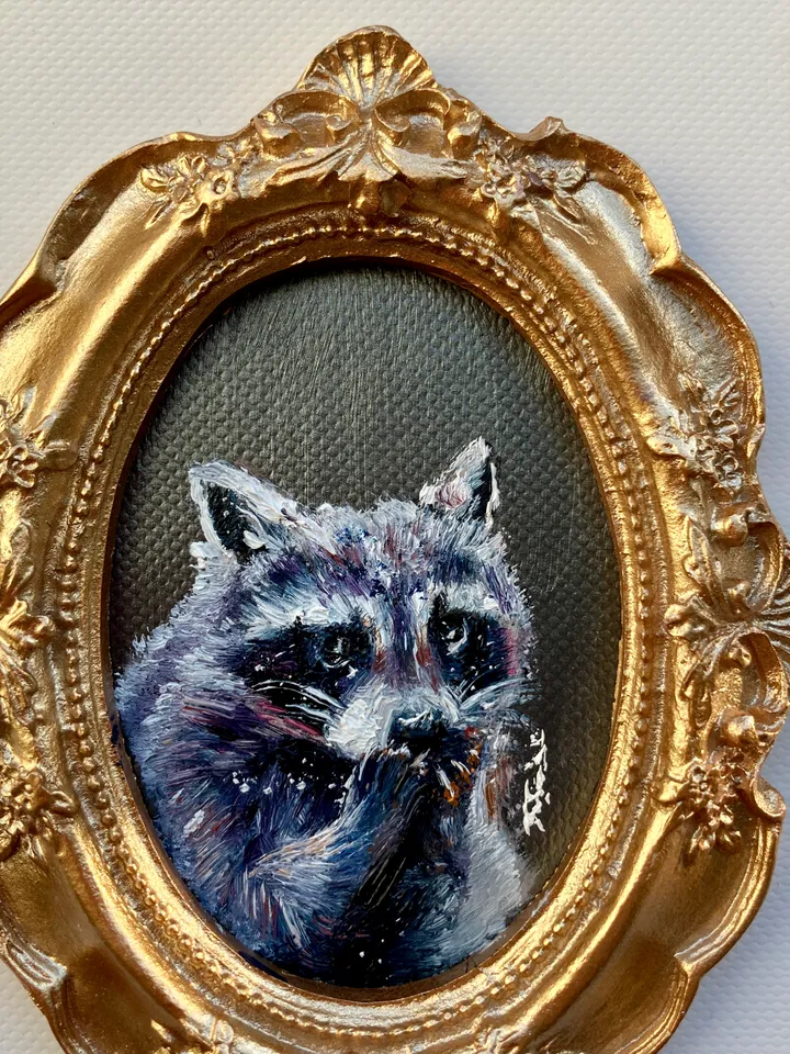 Raccoon Oil Painting Original In Vintage Style Frame Small Framed Animals Wildlife Art Oval Frame