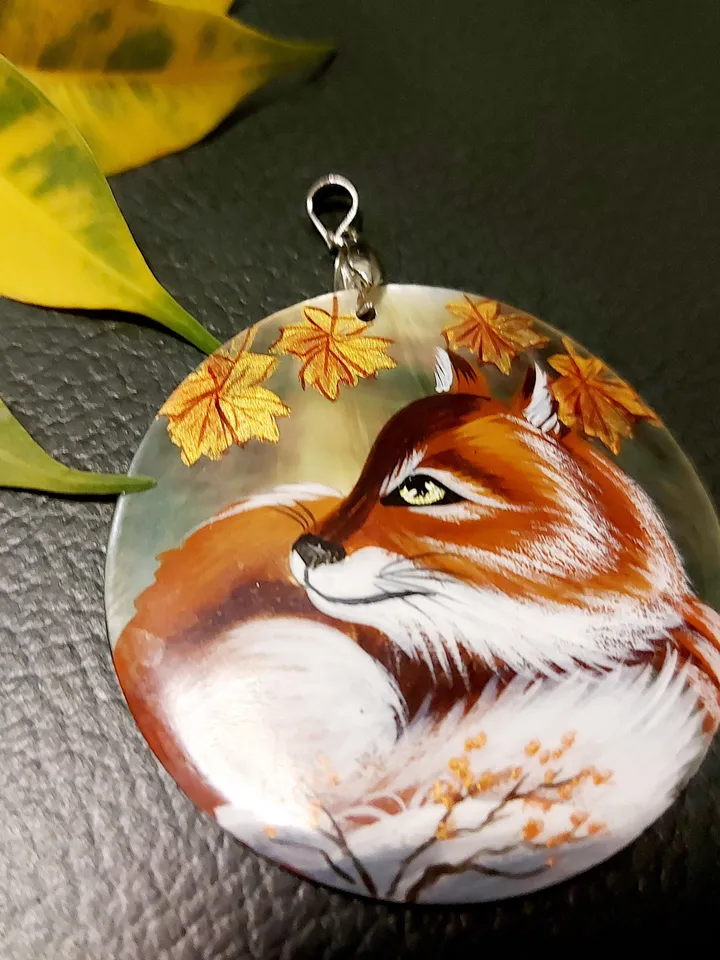 Beautiful Pendant Mother-of-pearl"Fox". miniature Hand-painte. Russian jewelry. Art gift.Wildlife gift. Fox lover gift. Forest jewelry.